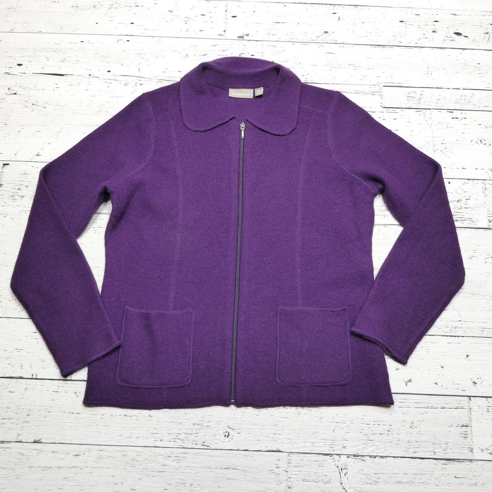 Croft & Barrow Sweater Womens Medium Purple 100% Wool Full Zip Pocket Jacket